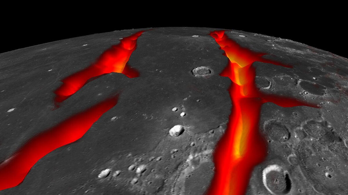 A simulation of the Moon's surface with two long fissures of lava