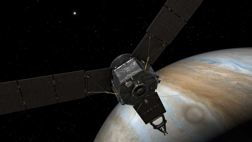 Illustration of spacecraft in front of planet jupiter