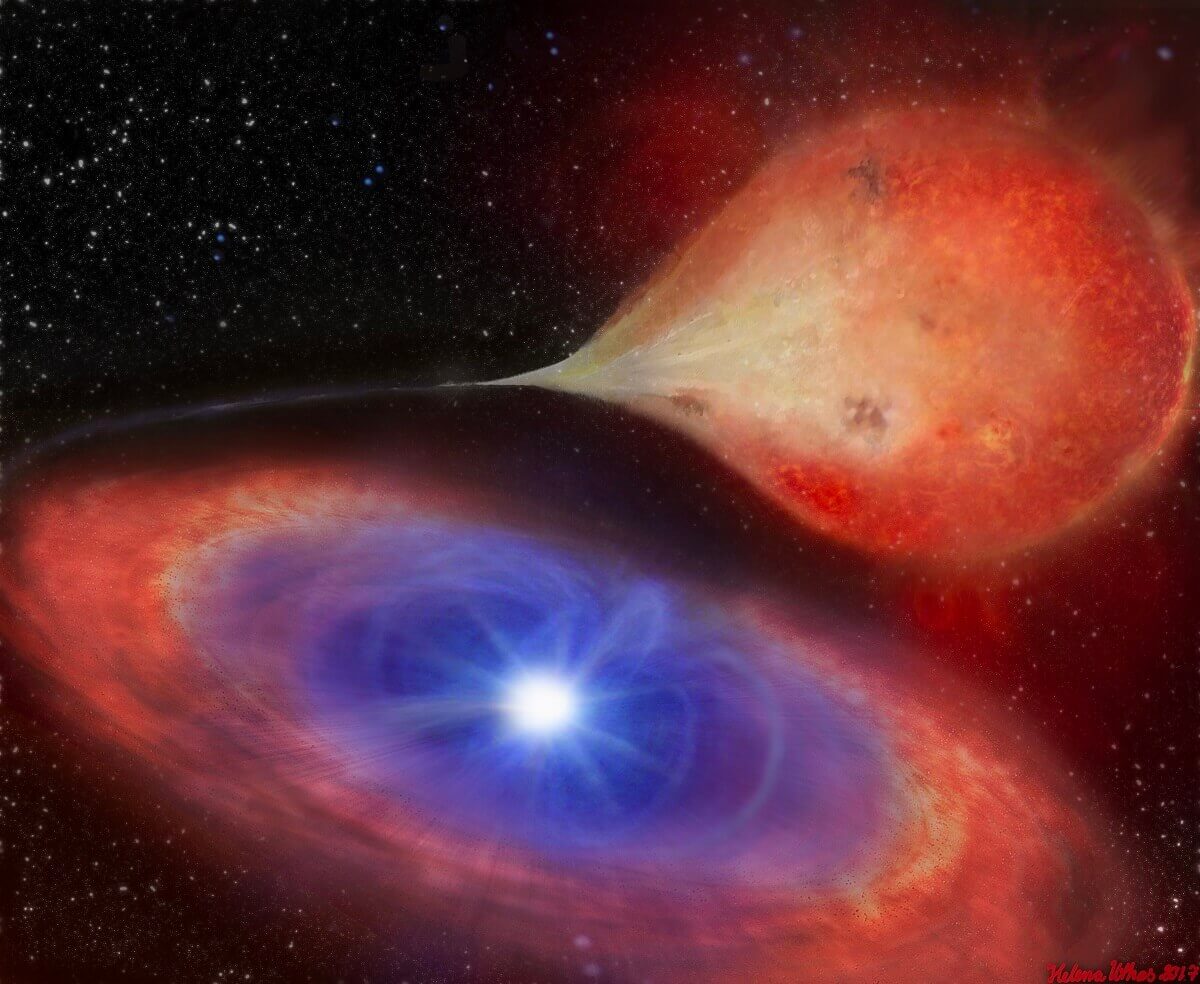Artrist's impression of star system, with a small blue star next to a large red one