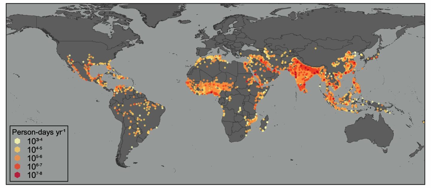 A word map with orange and yellow dots. India and west africa have the most red dots