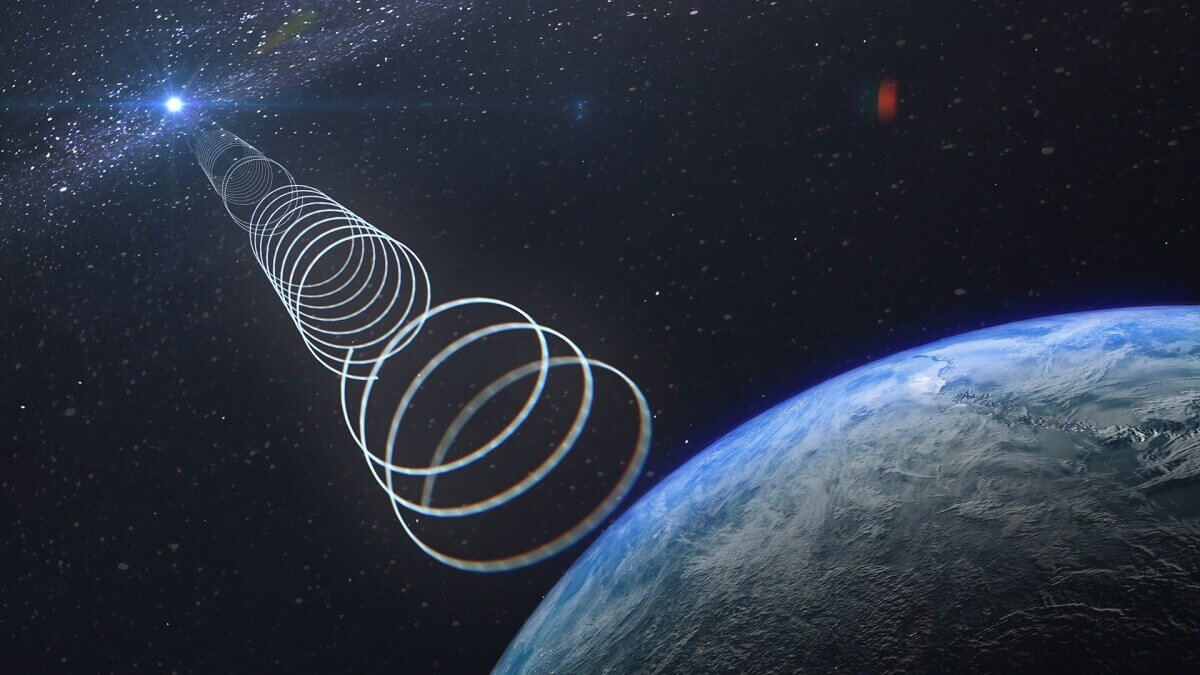 An artist's illustration showing the strange radio signals arriving at Earth from the direction of the galactic centre.