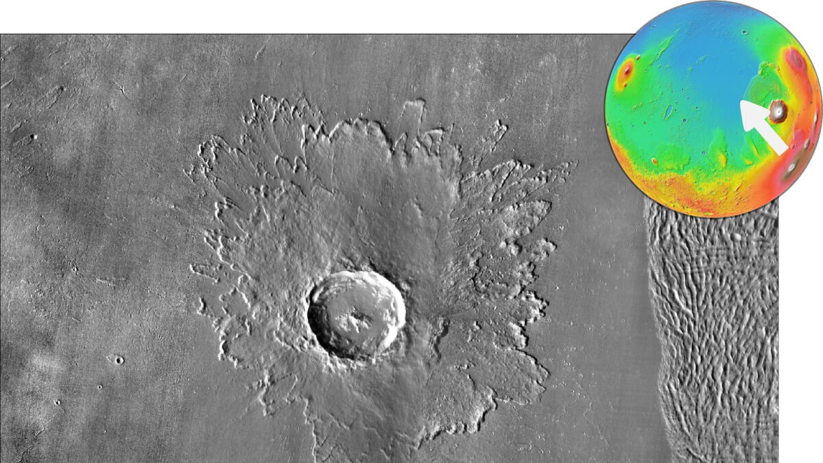 black and white photo of crater on martian surface with coloured map of mars showing loction in pullout