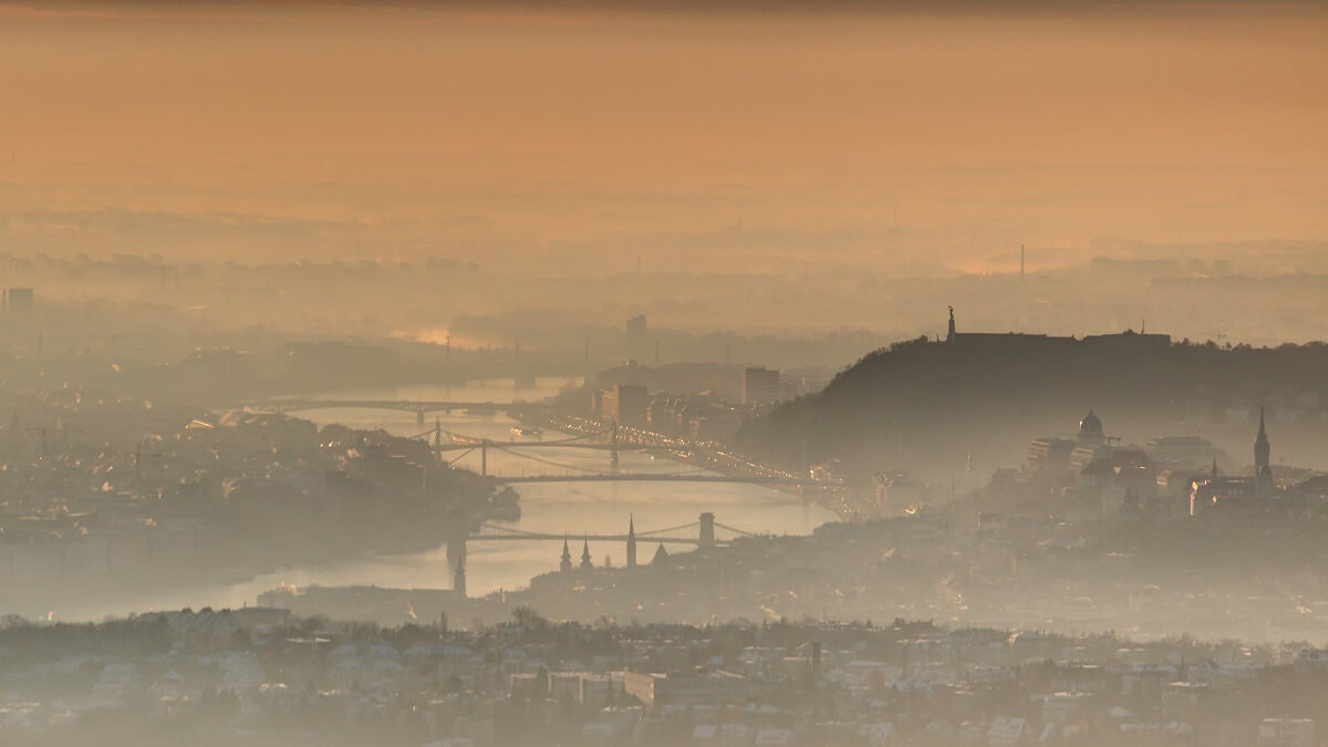 smog over Budapest at sunset