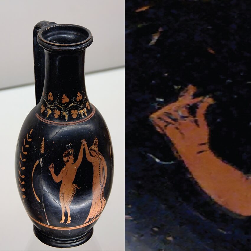 Photo of ancient greek vase and closeup of figure on vase snapping fingers