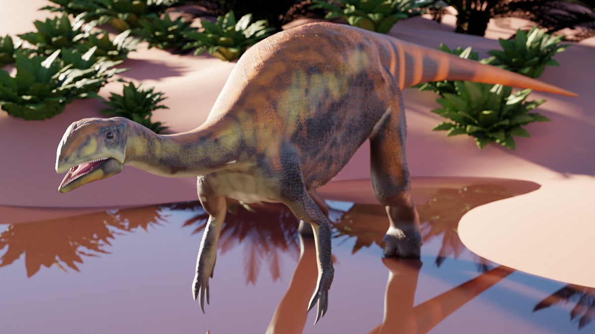 A dinosaur walking on too legs standing in a pond