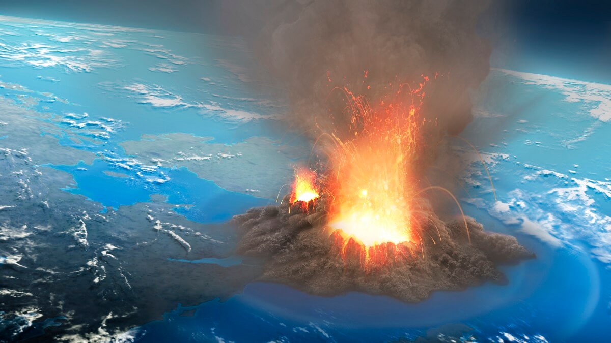 Illustration of an ultra-plinian volcanic eruption seen from an altitude of around 40 km.