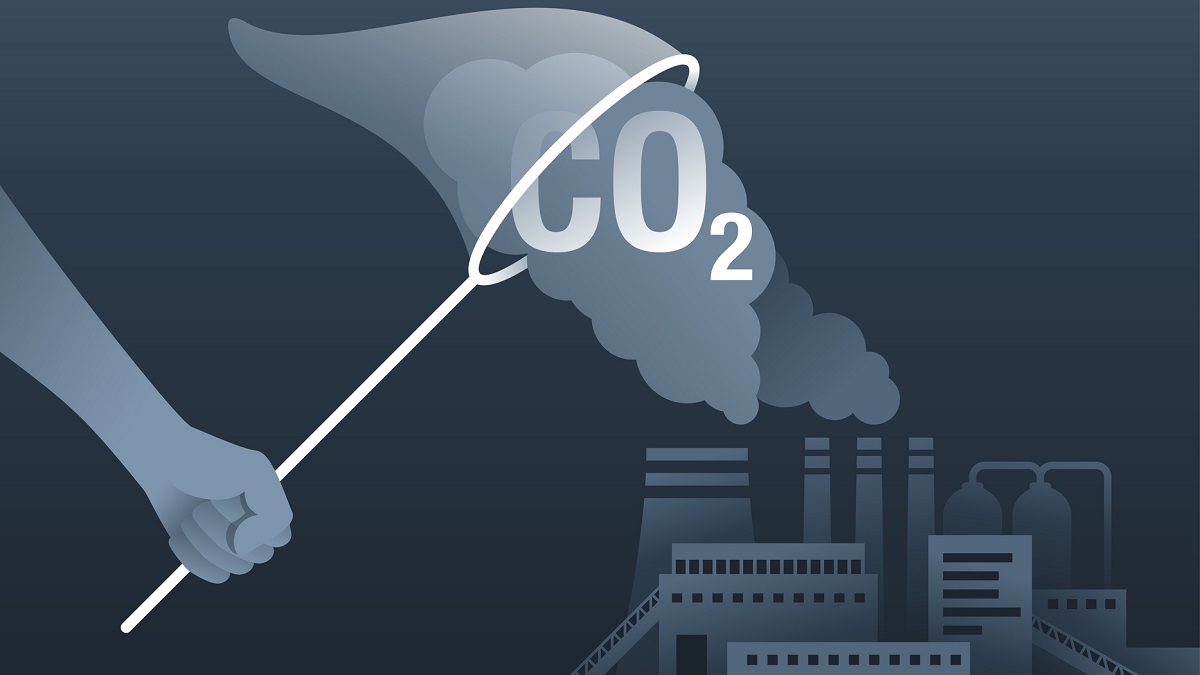 Illustration of hand with a butterfly net, catching a cloud that says "CO2"