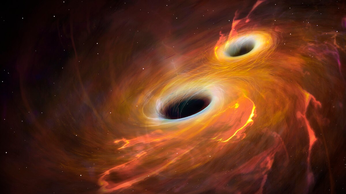 Two black holes colliding and producing gravitational waves - shown in orange swirls