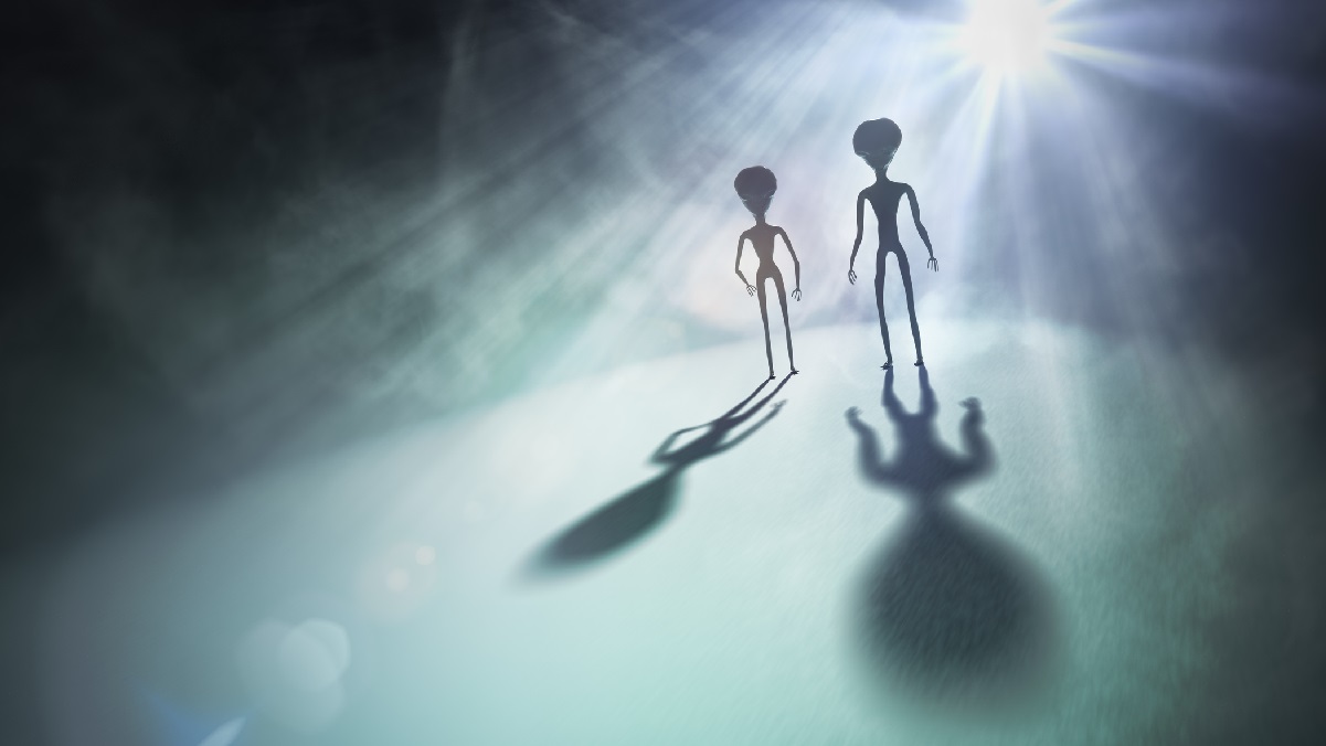 Spooky silhouettes of aliens and bright light in background. 3D rendered illustration