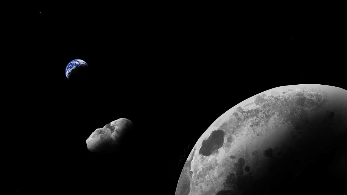 Artist's impression of Moon and Earth, with an asteroid between them on a dark background