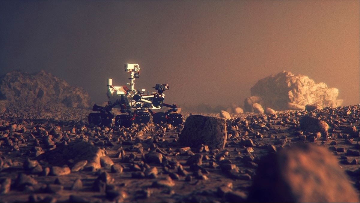 Illustration of rover among rocks on Mars