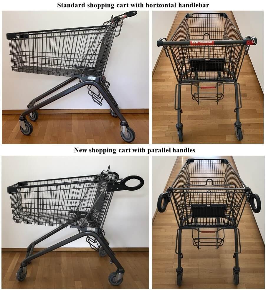 Four trolleys. Two have a horizontal handle and two have parallel handles
