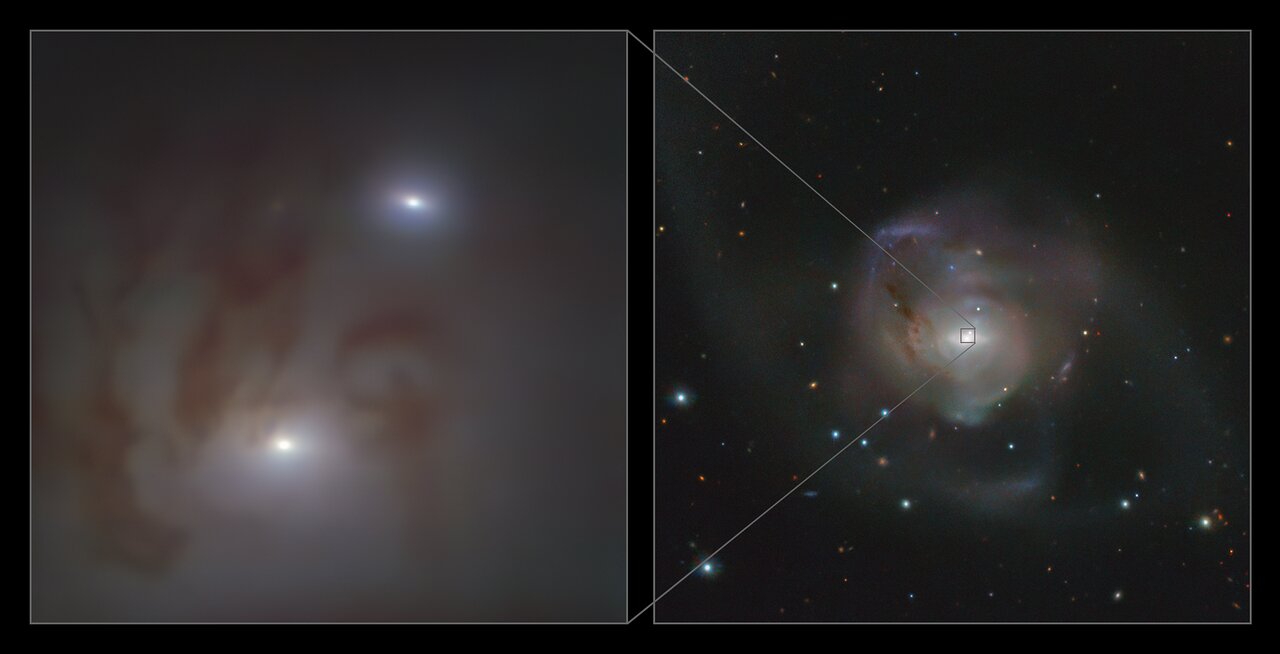 two images of black holes. The one of the left has two white dots on a black background. The second has one large white swirl on a black background