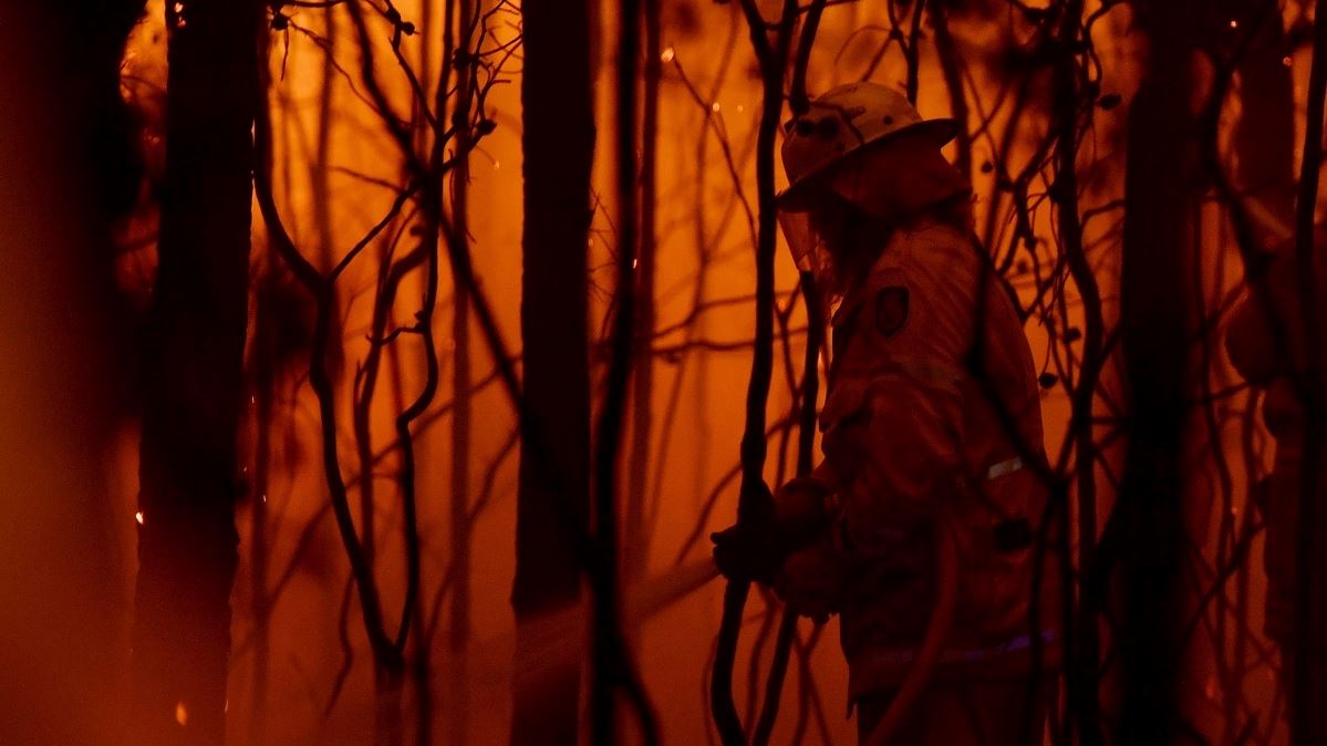 Firefighter in protective gear among trees, the air is red