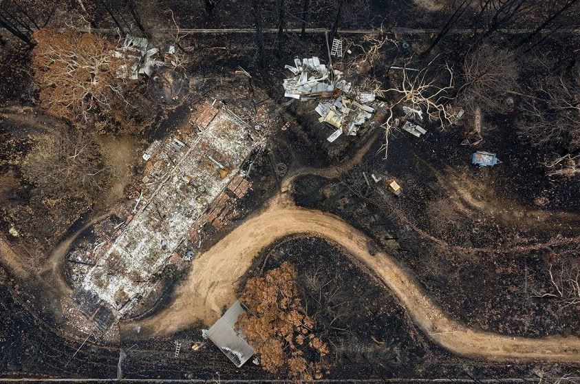Aerial view of fire-destroyed house