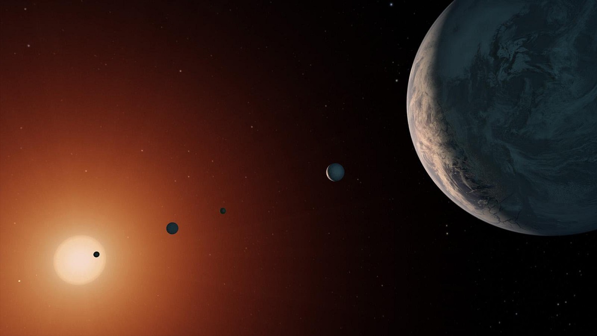 Illustration looking towards TRAPPIST-1 (the star), showing several planets in silhouette