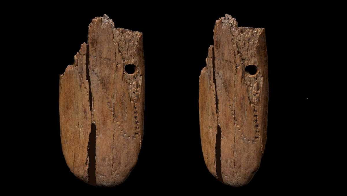 two brown pendants with dots carved in a snake-like pattern