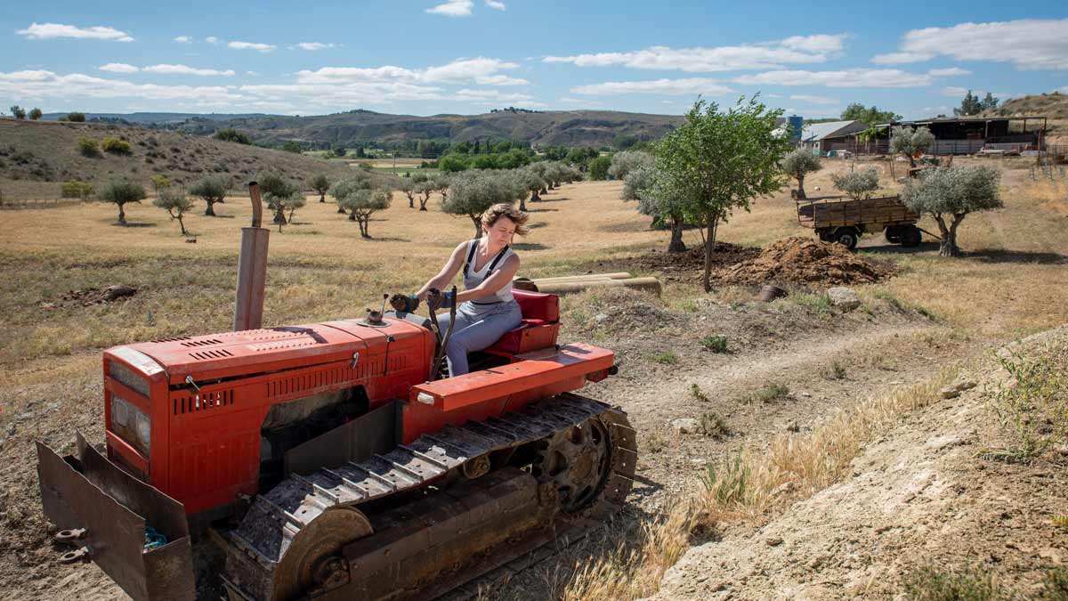 woman driving a tractor on a farm
