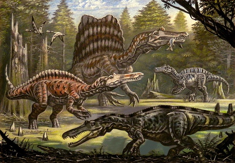 Artistic reconstruction of a prehistoric environment, where four dinosaurs roam a grassy field.