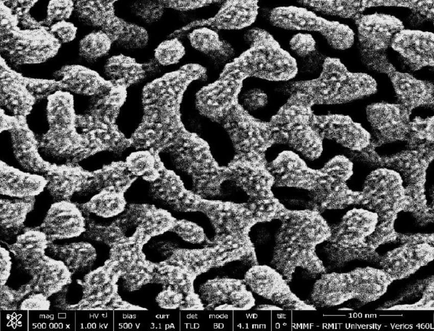 The copper magnified 500,000 times under a scanning electron microscope shows its tiny nano-scale pores.