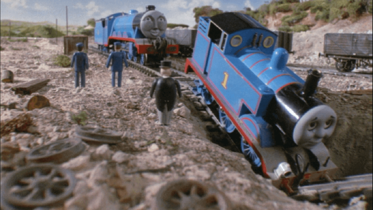 Thomas the tank engine falling downs a hole