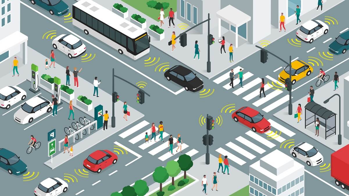 illustration of cars on the road and people crossing at zebra crossings