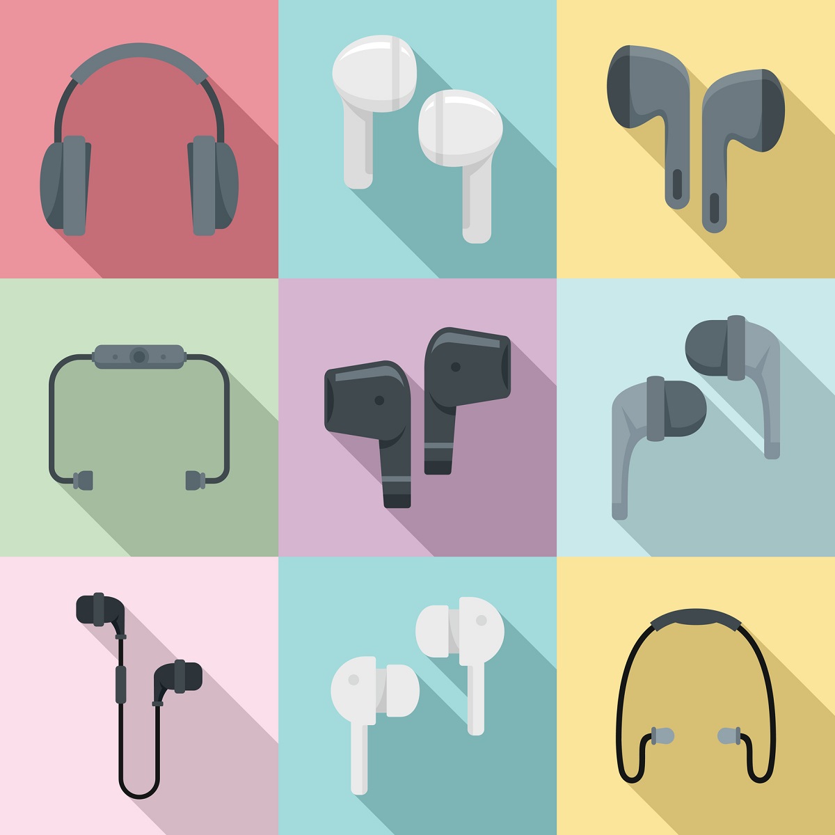 Nine coloured icons of various types of earbuds that could be vulnerable to bluetooth headphone hacking