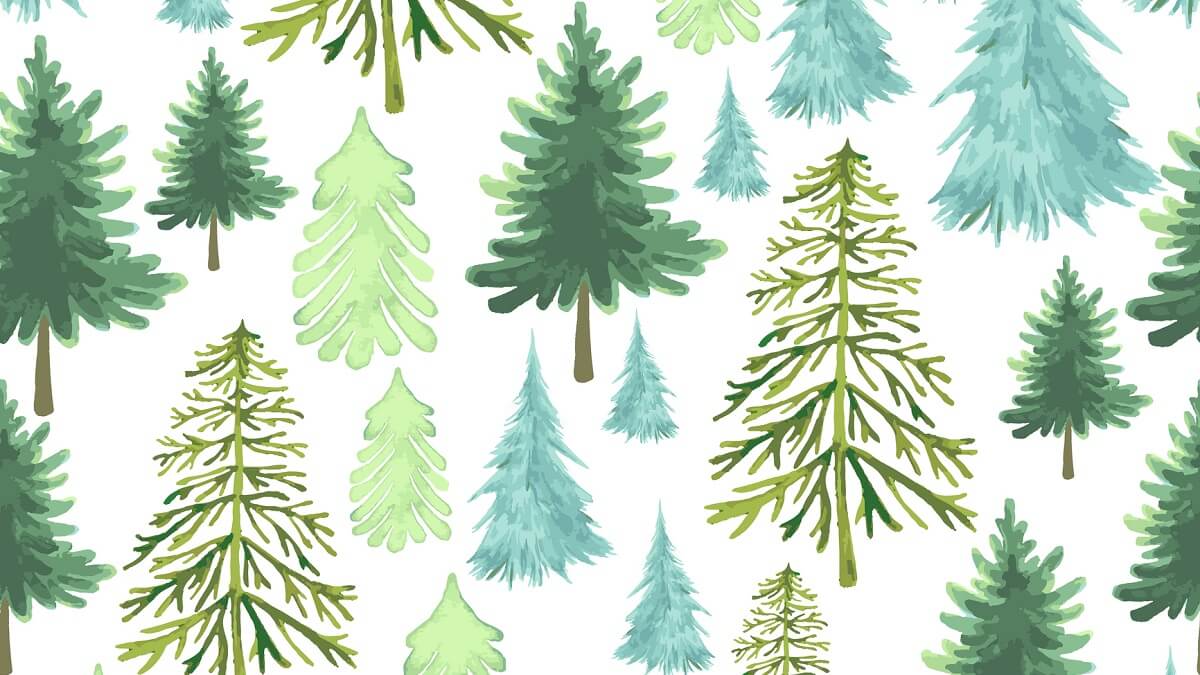 Festive Christmas Trees seamless pattern with different forms of species trees,
