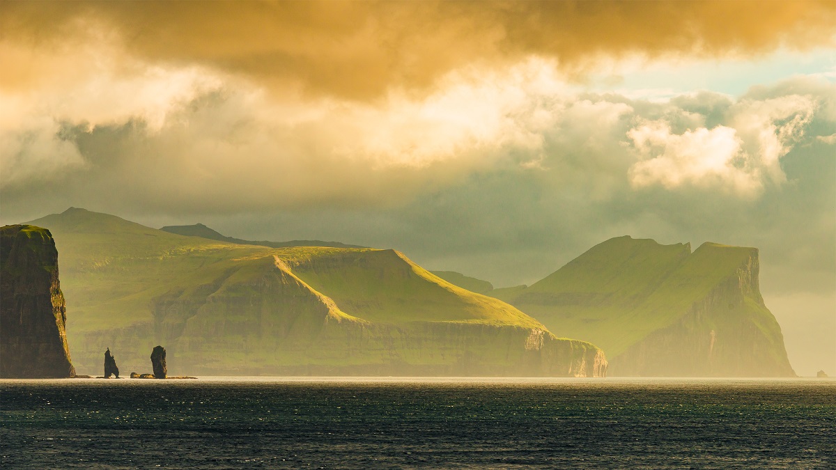 Panoramic view of headlands in the Faroe Islands.