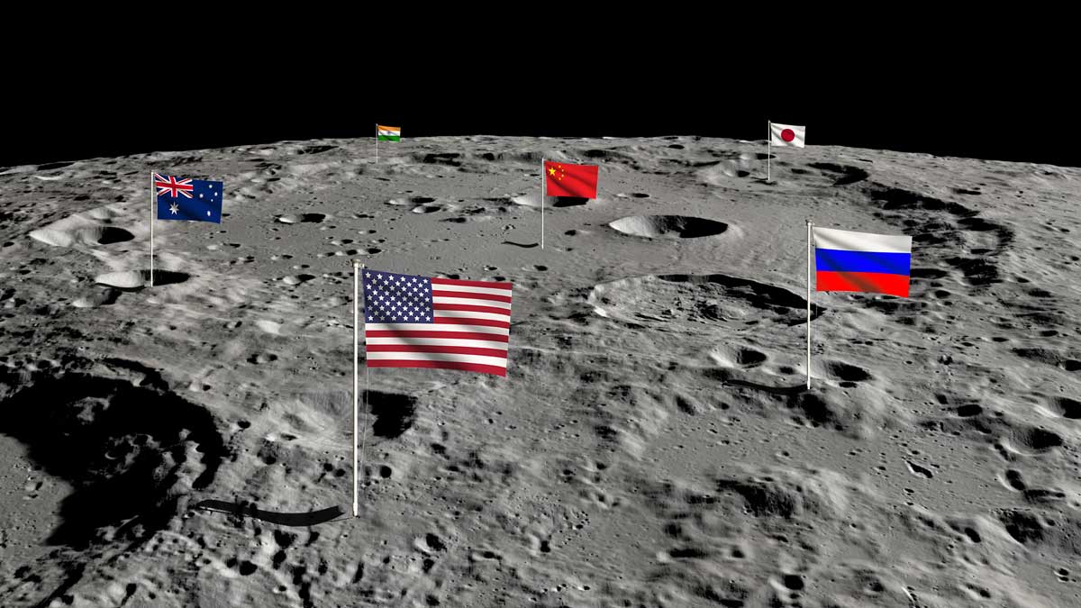 flags of united states, russia, australia, china, japan and india on the moon
