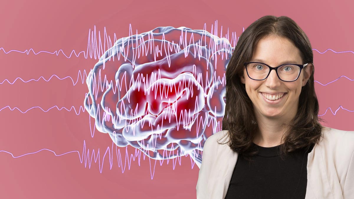 pip karoly in front of a background of a human brain with electrical waves representing epilepsy