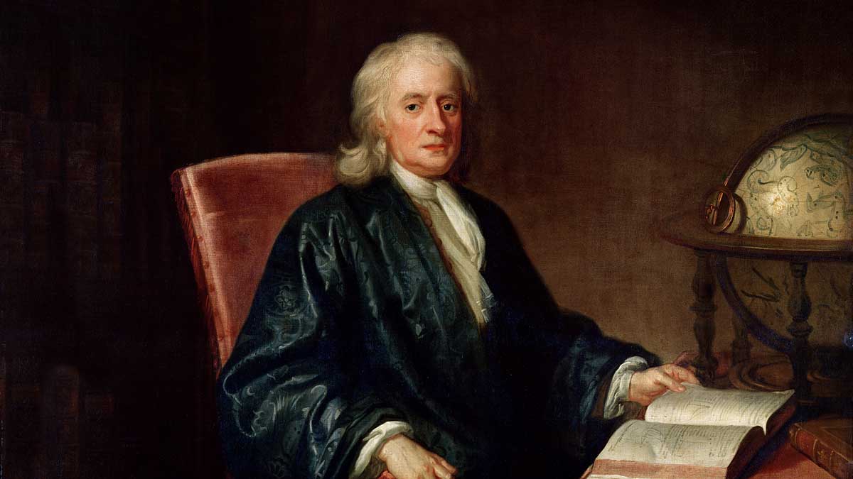 painted portrait of isaac newton with a book and a globe