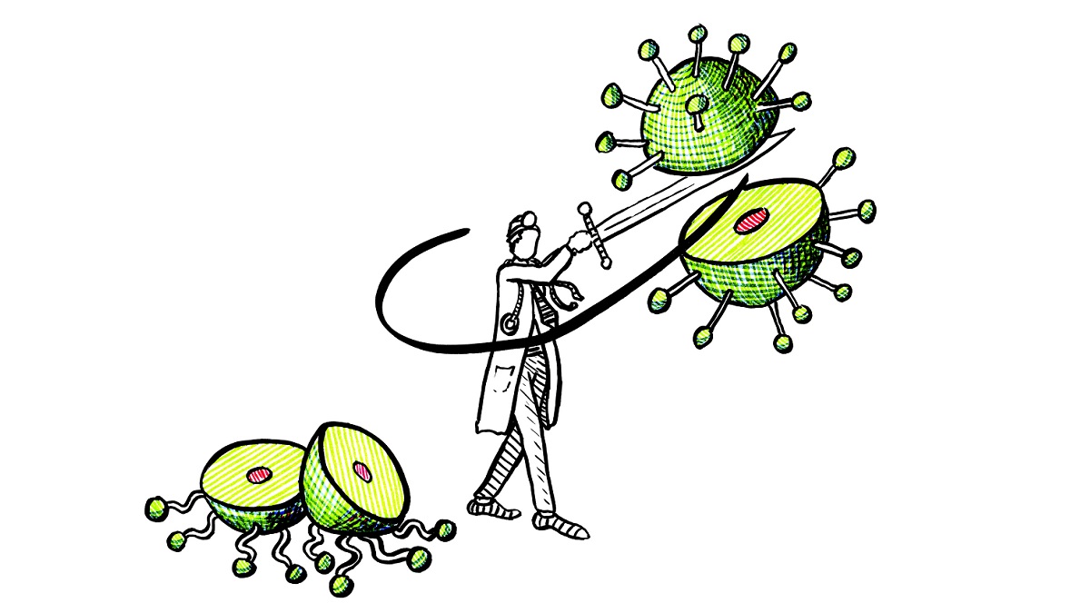 Drawing of a doctor slicing a giant coronavirus in half with a sword