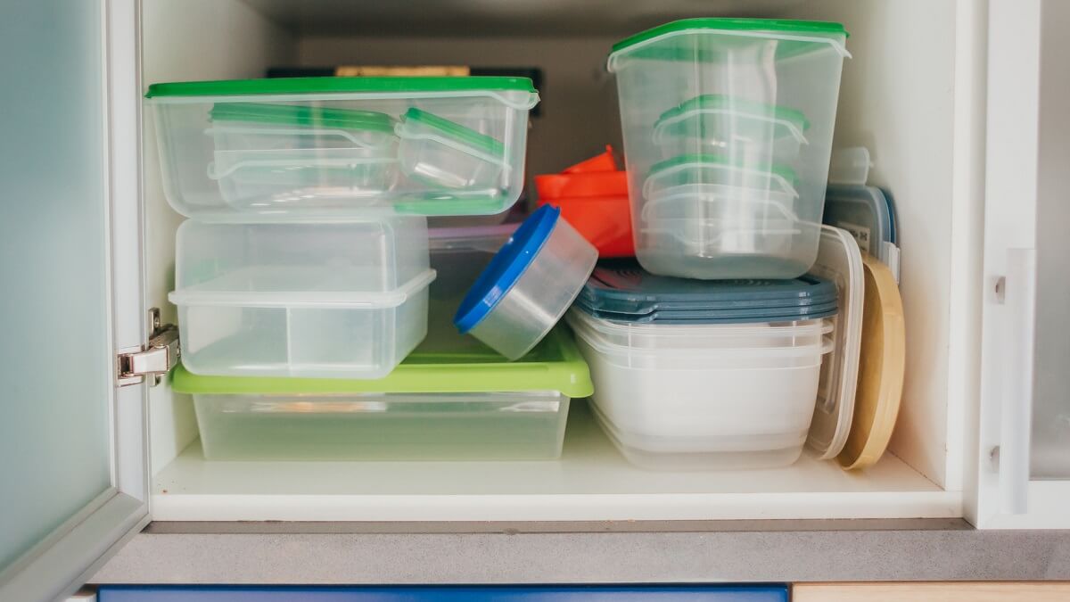 plastic food containers on a shelf