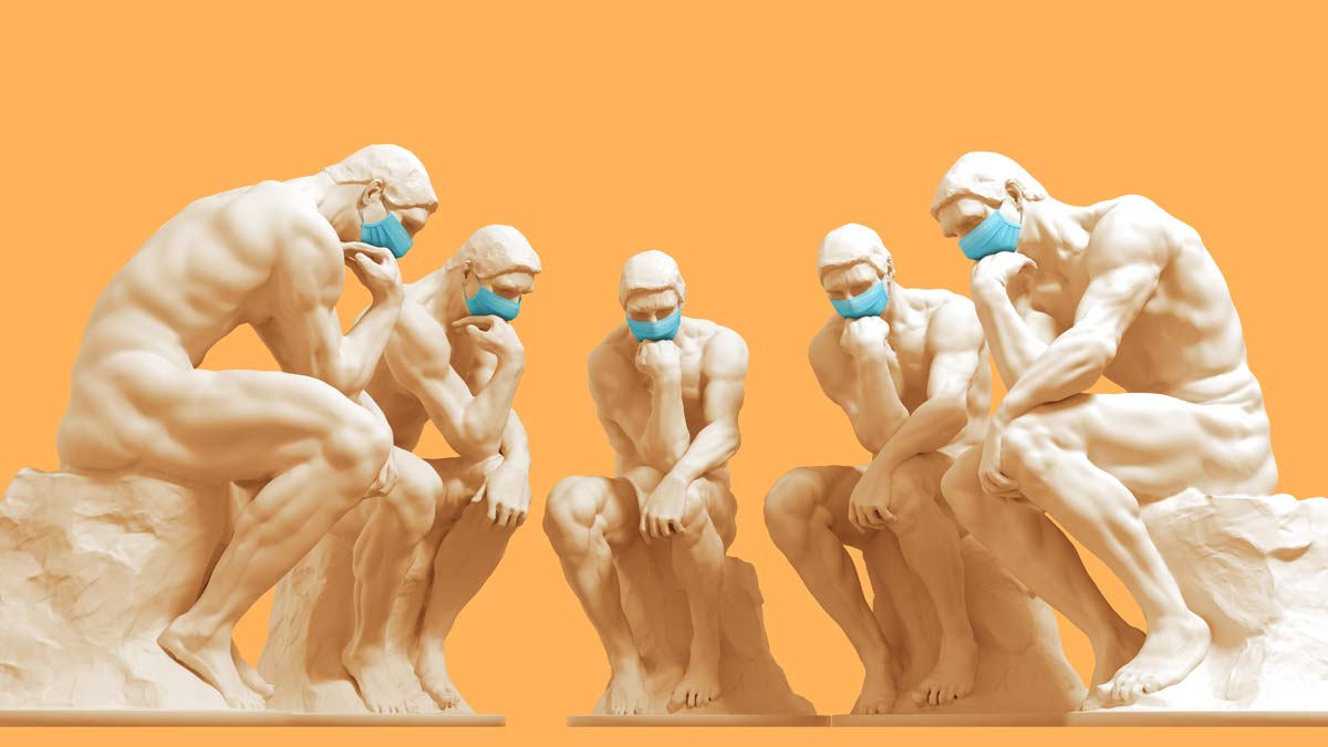 five copies of the thinker statue wearing face masks