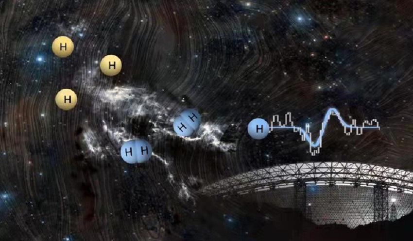 Picture of molecules and telescope superimposed on galaxy