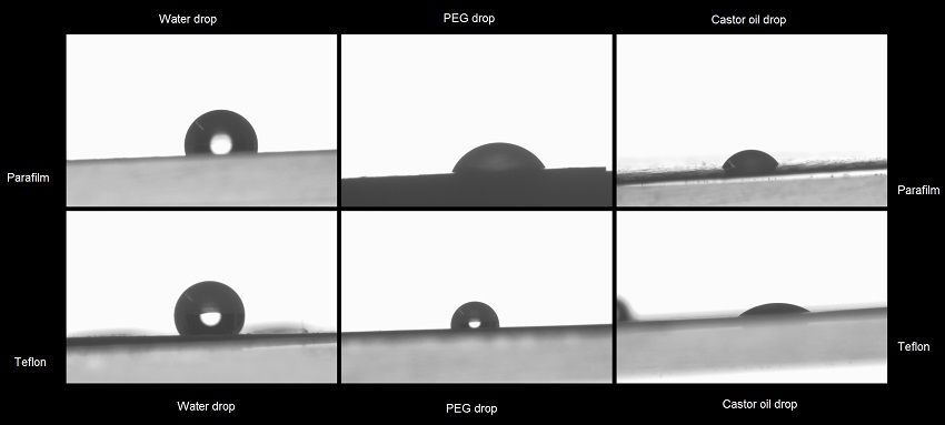 Six images of three different liquids dropped on two surfaces - parafilm and teflon. Droplets are different heights on different surfaces.