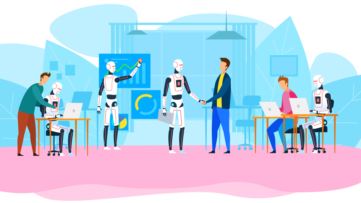 cartoon illustration of humans and robots working together in an office shaking hands working on laptops