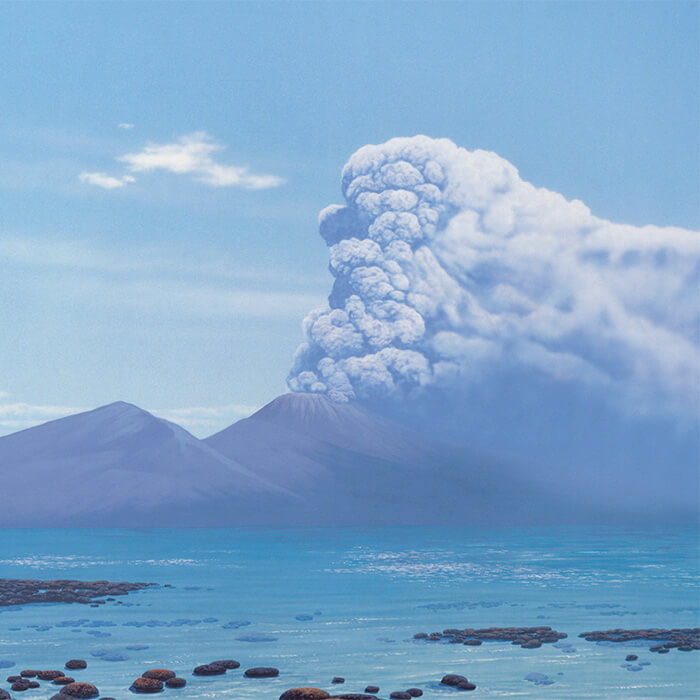 An artist's impression of what the earth might have looked like billions of years go, with a volcano erupting in the distance and stromatolites sitting in shallow water in the foreground.