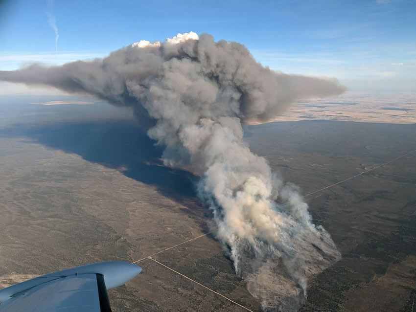 Photograph of bushfire smoke taken from a plane with plane wing in foreground