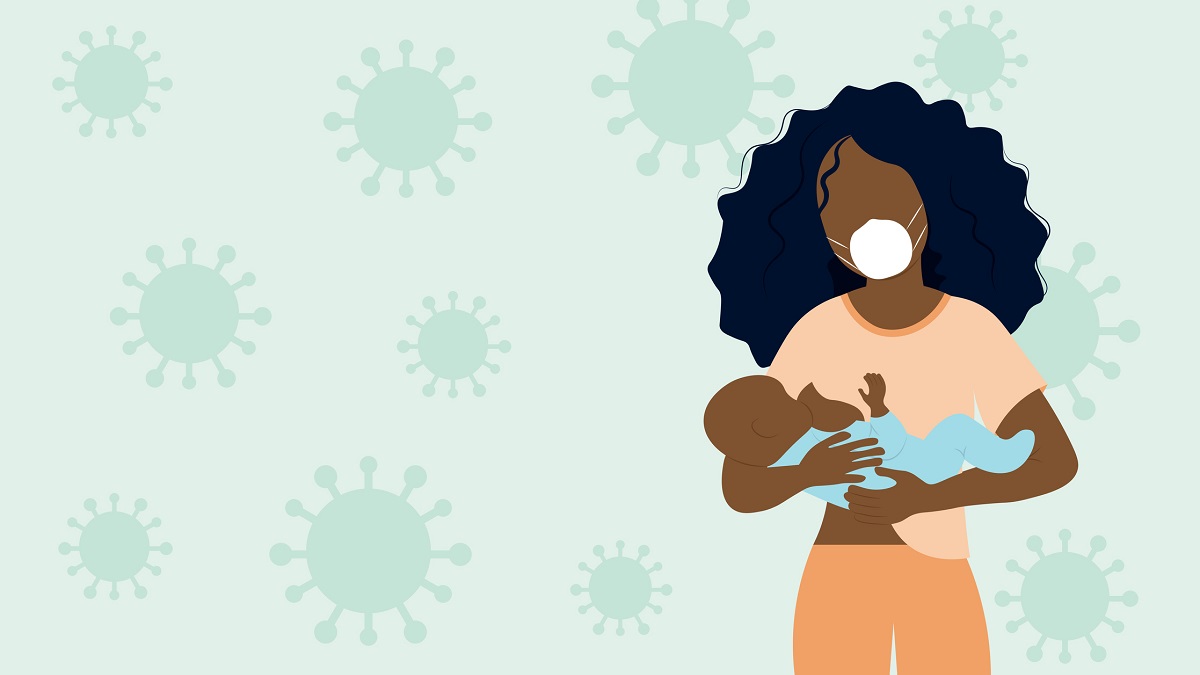 Mother breastfeeding her baby wearing face mask in front of a coronavirus background