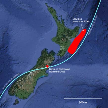 A map of new zealand with a subduction zone and slow slip even in 2016 and the site of the kaikoura earthquake in 2016 labelled in red