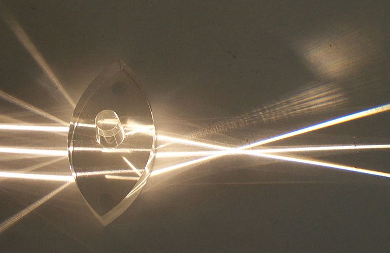 Three beams of light shone through convex lens, which is bending the light and making the points converge