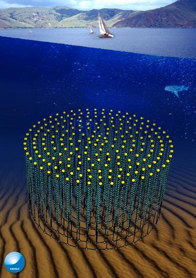 3d illustration of a circular array of neutrino detectors under the ocean