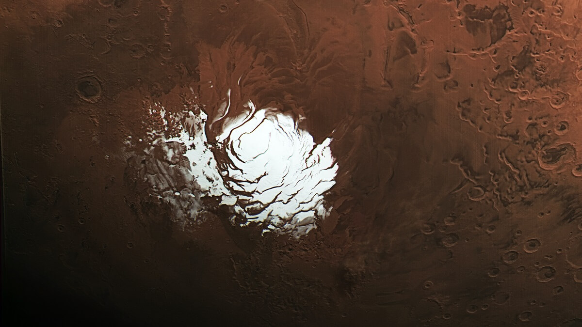 A bright white patch on an aerial view of the surface of Mars that was initially taken to be evidence of martian water.