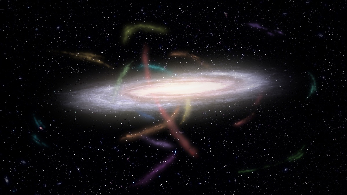 An artist's depiction of the Milky Way galaxy, surrounded by glowing stellar streams.