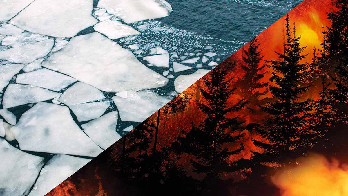 split image showing sea ice on one side and wildfire on the other