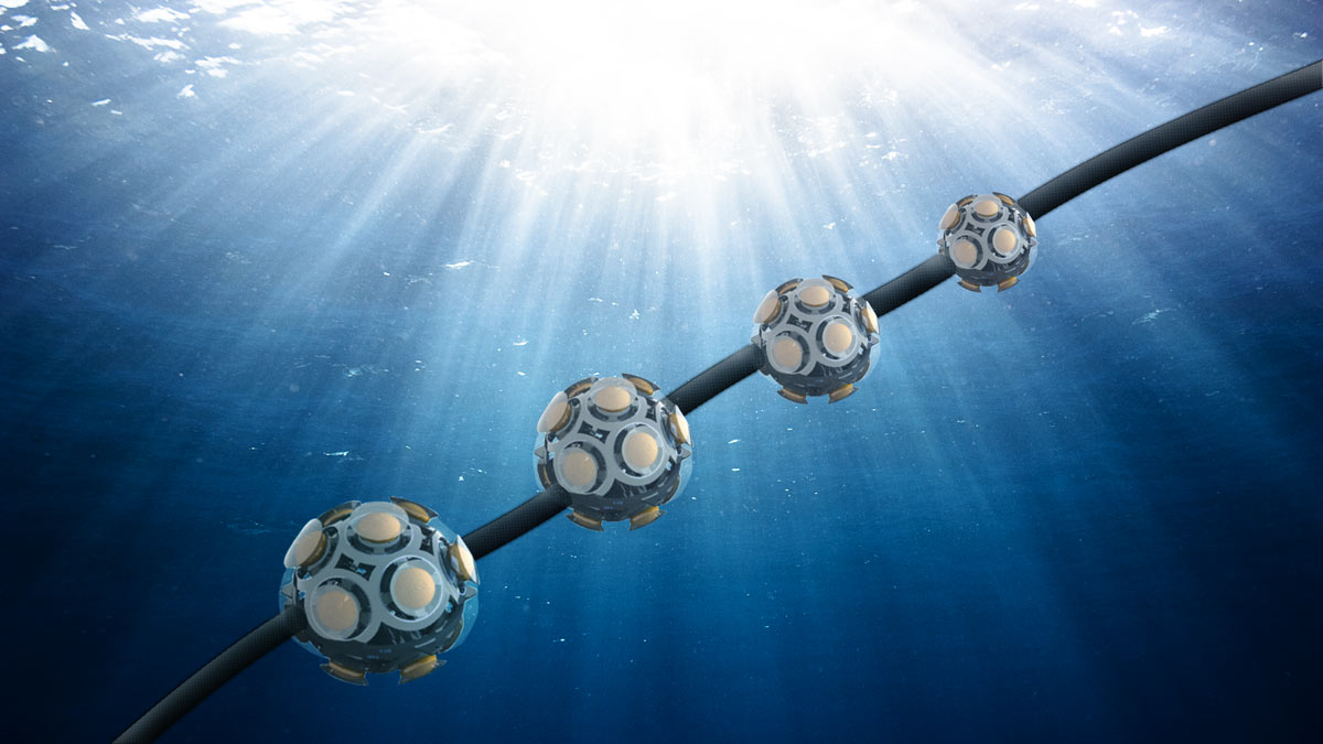 illustration of several optical modules from the p-one underwater neutrino telescope connected by a cable underwater