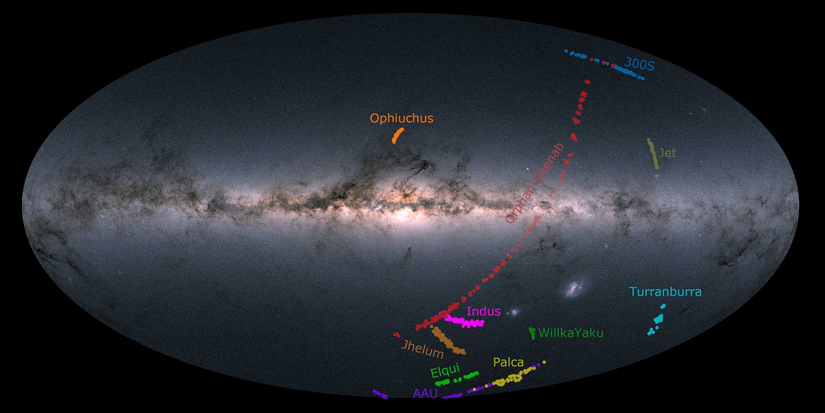 Location of the stars in the dozen streams as seen across the sky, against the background of stars in our milky way from the european space agency’s gaia mission.
