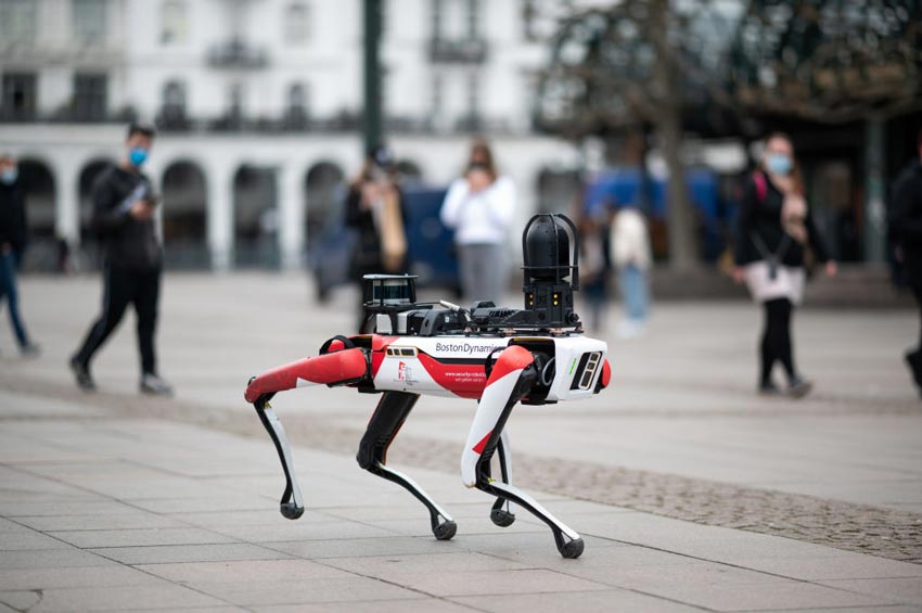 Robot dog walking through a town square